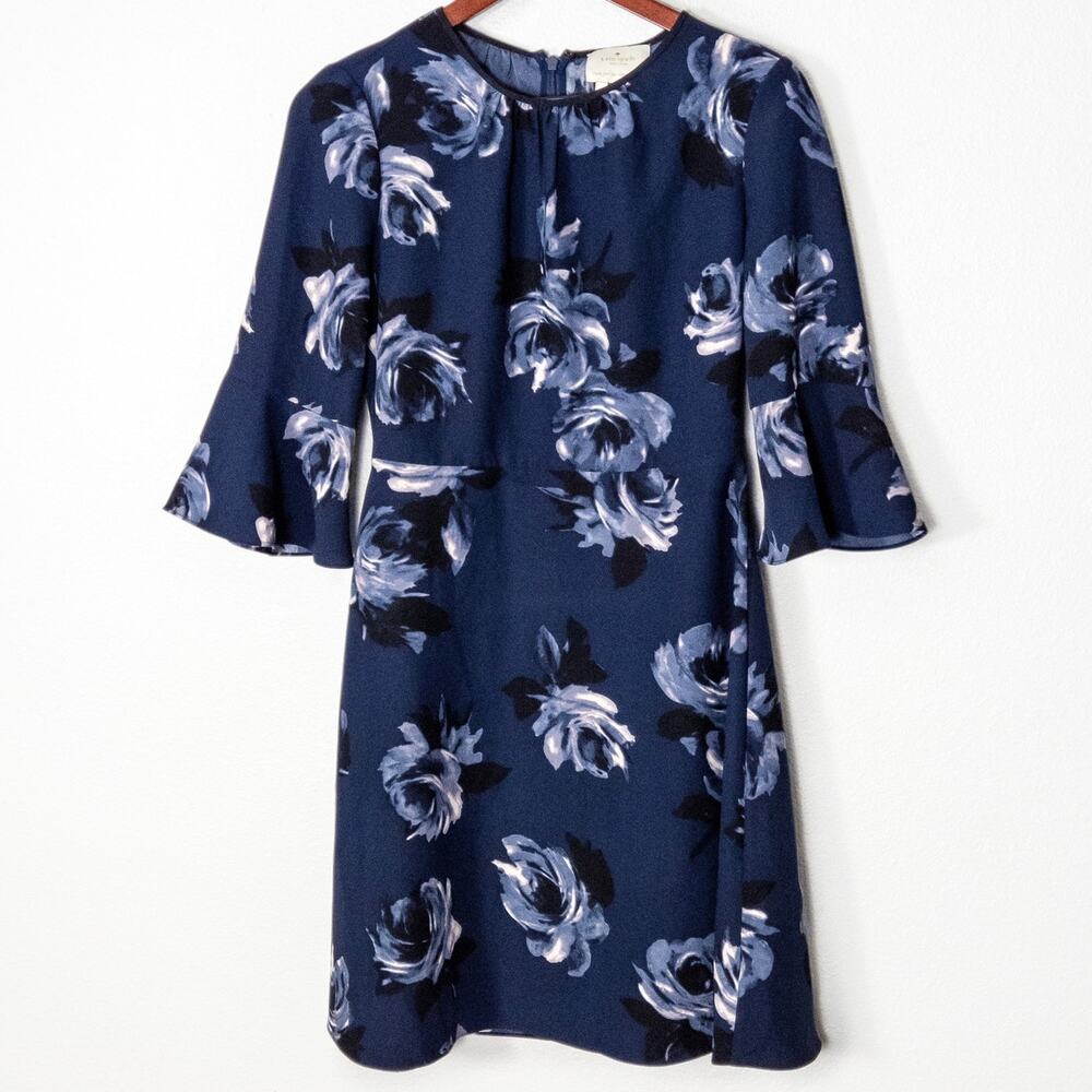 Kate Spade Night Rose Bell Sleeve Dress Size 0 Blue Romantic Botanical
